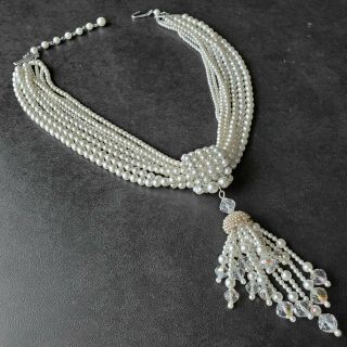 Signed Japan Vintage Multi Strand Simulated Pearl Necklace Ab Crystal Tassel 135
