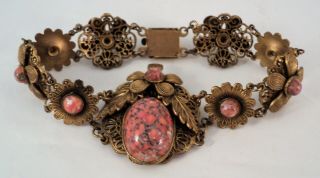 Vtg Filigree Flower Link Bracelet Set With Marbled " Stones " 7.  5 " - Estate Find