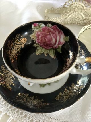 Gorgeous Vintage Tea Cup & Saucer Black With Cabbage Rose Royal Halsey