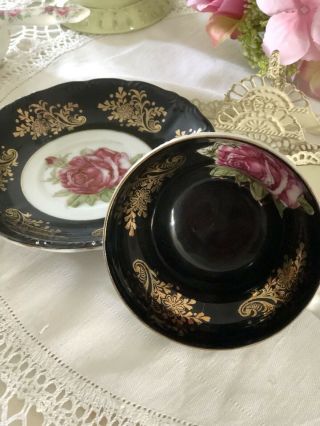 Gorgeous Vintage Tea Cup & Saucer Black With Cabbage Rose Royal Halsey 2