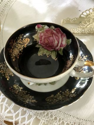 Gorgeous Vintage Tea Cup & Saucer Black With Cabbage Rose Royal Halsey 4