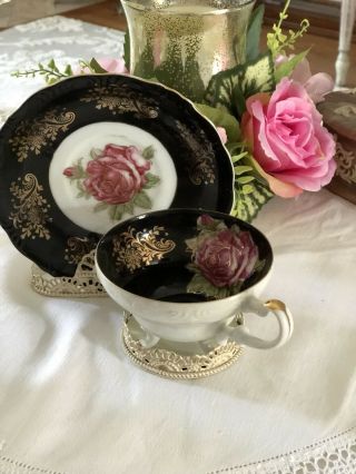 Gorgeous Vintage Tea Cup & Saucer Black With Cabbage Rose Royal Halsey 5