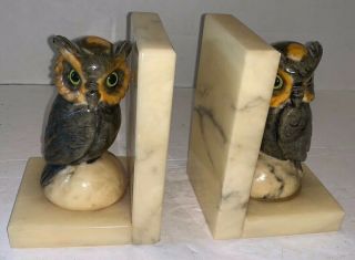 Alabaster Hand Carved Owl Bookends Pair Italy Vintage W/ Labels