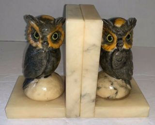 Alabaster hand carved Owl Bookends Pair Italy Vintage w/ Labels 2