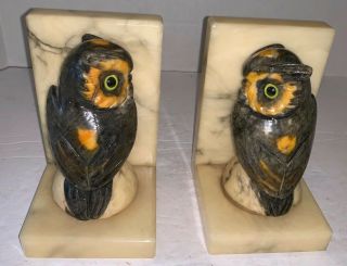 Alabaster hand carved Owl Bookends Pair Italy Vintage w/ Labels 4