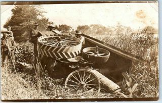 Vintage Farming Rppc Real Photo Postcard Steam Tractor Wreck Crew Field C1910s