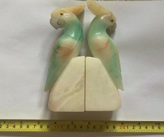 Vintage Hand Carved Itallian Alabaster Cockatoo Bookends Pair.  Green Marble.