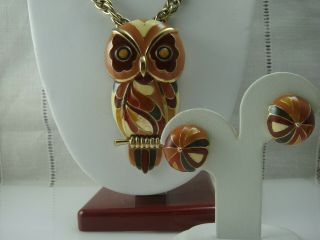 Vintage Eisenberg Owl Figural Mosaic Rust Brown Necklace Clip Earring Set
