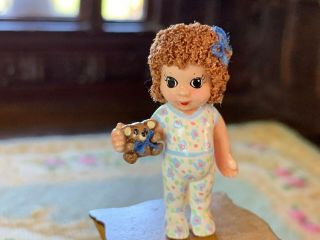 Vintage Miniature Dollhouse Artisan Doll Bedtime With Bear Pajamas Cute Tummy