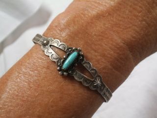 Vtg Fred Harvey Era Stamped Sterling Silver Turquoise Dainty Cuff Bracelet - He