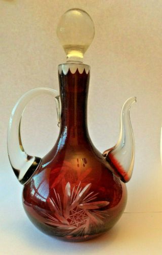 Victorian Cut Glass Etched Ruby To Clear Pinwheel Star Pattern Vintage Cruet