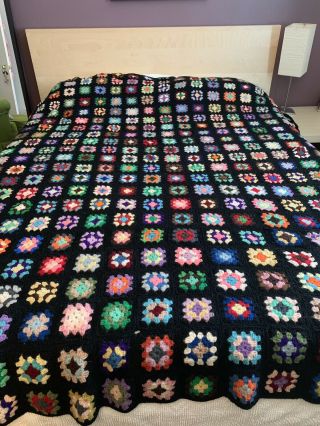 Vtg Handmade Crochet Granny Square Afghan Blanket Large Queen Size 80x86