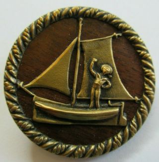 Fabulous Xl Antique Vtg Wood Back Metal Picture Button Boy On Sailboat (a)