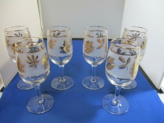Vintage Libbey Set Of 6 Wine Glasses With Gold Leaf Design On Frosted Band