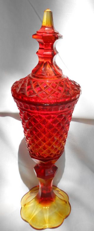 Vintage Amberina Pedestal Covered Candy Jar Diamond Point Art Glass 15 1/2 "