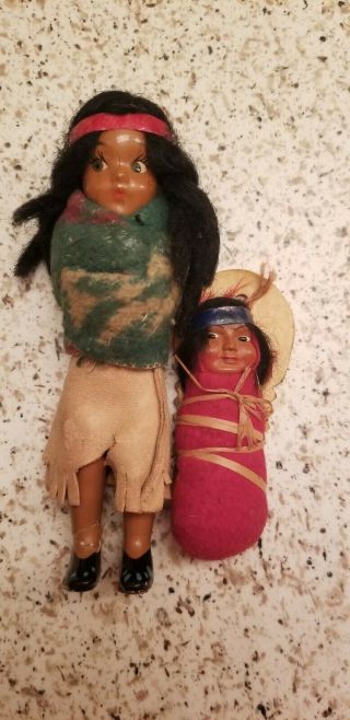 Vintage Native American Indian Skookum Doll 6 Inches With Child On Shoulder