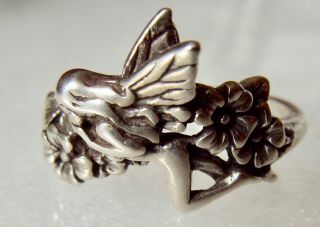 Vintage Sterling Silver Fairy And Forget Me Not Flower Ring Size 8.  25