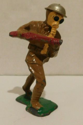 Vintage Barclay Metal Toy Soldier Gas Mask Charging With Rifle Tin Helmet