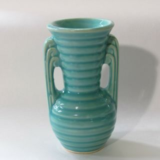 Vintage Usa Light Teal Beehive Double Handle Ribbed Vase Small 5 X 2.  5 In.