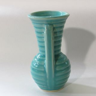 Vintage USA Light Teal Beehive Double Handle Ribbed Vase Small 5 x 2.  5 in. 2