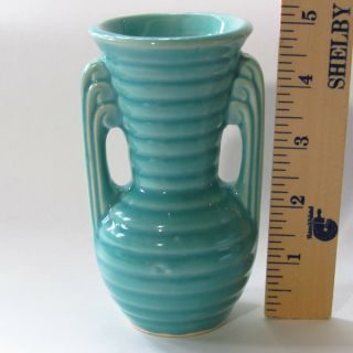 Vintage USA Light Teal Beehive Double Handle Ribbed Vase Small 5 x 2.  5 in. 4