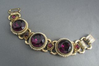 Vintage Art Deco Gold Tone Faceted Purple Glass Seed Pearl Book Chain Bracelet