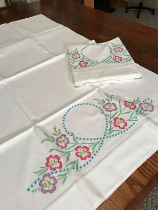 Set Of 2 Vintage Hand Embroidered Cotton Pillow Cases - Floral Designs