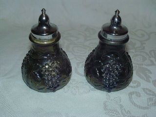 Vintage Imperial Iridescent Purple Carnival Glass Salt & Pepper Shakers W/lids