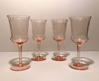 4 Vintage Tiffin Pink Glass Diamond Optic Pulled Stem Wine Water Goblets 15028