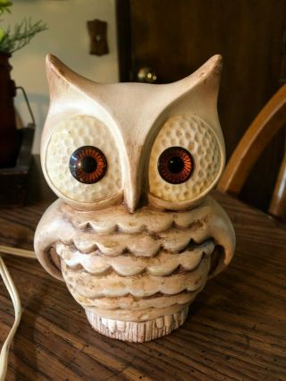 Vtg Mcm Owl Lamp Ceramic Night Light Retro Mid Century Big Orange Eyes