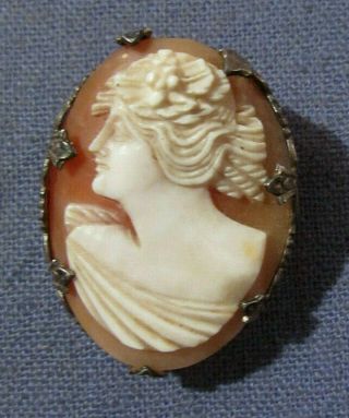 Vintage Sterling Silver Carved Shell Cameo Brooch