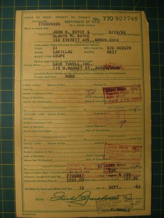 Vintage Car Title Historical Document Ohio 1961 Cadillac Coupe Nr