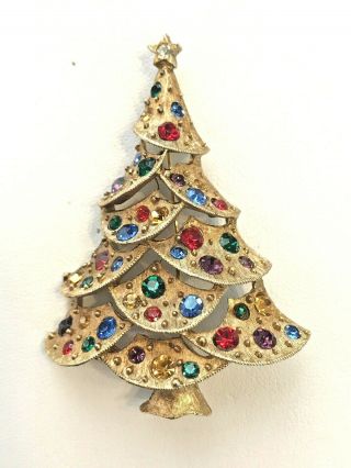 Vintage Signed Jj Rhinestone Christmas Tree Pin Brooch Multi Color Rhinestones