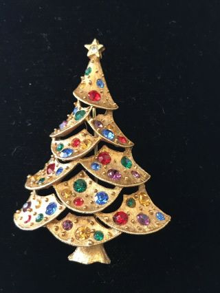 Vintage Signed JJ Rhinestone Christmas Tree Pin Brooch Multi Color Rhinestones 3