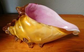 Vintage Art Glass Conch Shell Amber & Pink Heavy Blown Glass