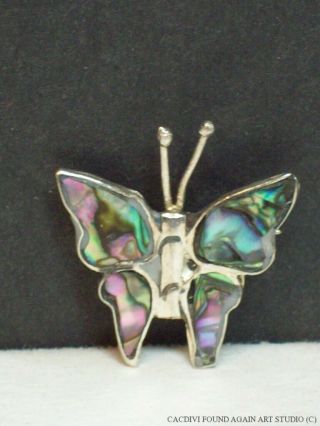 Vintage Abalone Butterfly Alpaca Silver Tone Shell Inlay Pin Small Mexico Brooch