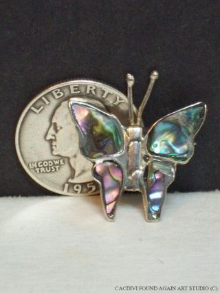 Vintage Abalone Butterfly Alpaca Silver Tone Shell Inlay Pin Small Mexico Brooch 2