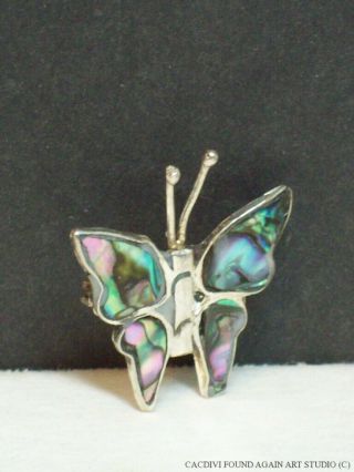 Vintage Abalone Butterfly Alpaca Silver Tone Shell Inlay Pin Small Mexico Brooch 3