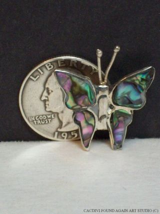 Vintage Abalone Butterfly Alpaca Silver Tone Shell Inlay Pin Small Mexico Brooch 5