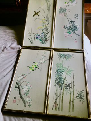 Set 4 Seasons Vintage Mcm Oriental Birds Turner Wall Accessory Gilt Wood Bamboo