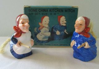 Vintage Bone China Kitchen Witch Salt & Pepper Shakers W/ Orig Box Taiwan 1979