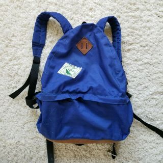 Vtg 60s 70s Rei Backpack Blue Nylon Full Leather Bottom - Metal Adjustable Straps