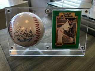 Vintage Bob Feller Hof Cleveland Indians Sign Baseball With Baseball Card