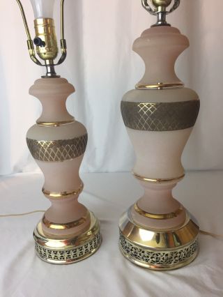 Set 2 Vtg Frosted Pink Glass Table Lamps Gold Diamond Etched Hollywood Regency