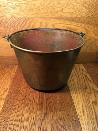Vintage American Brass Kettle Bucket Pail With Wrought Iron Rat Tail Handle