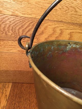 Vintage American Brass Kettle Bucket Pail with Wrought Iron Rat Tail Handle 3