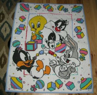 Vintage Warner Bros.  Baby Looney Tunes Crib Blanket Comforter 1993 Blue Trim Top
