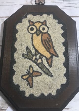Vintage Sand Art Painting Owl Mid Century Modern Wood Plaque Retro Kitsch