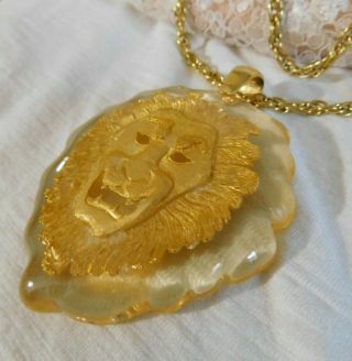 Vintage 1970 Lion Large Pendant Necklace Clear Lucite And Gold Metal Cool