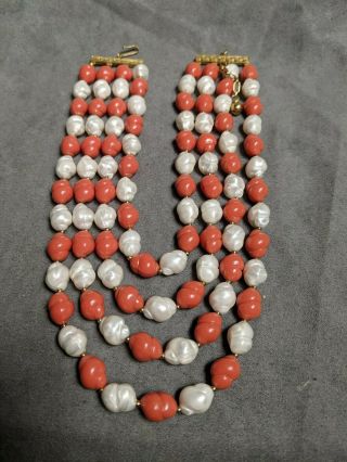 Vintage Trifari Designer Signed Faux Coral And Pearl Necklace Four Strand